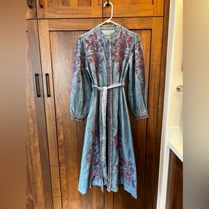 Sundance Embroidered Denim Maxi Dress with belt.